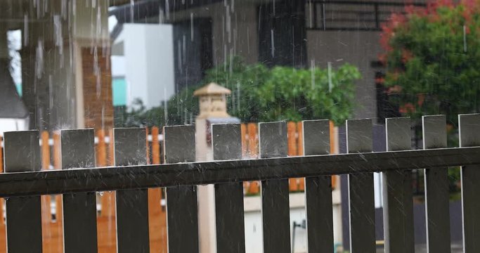 water rain drops on fence, rainy day weather scene
