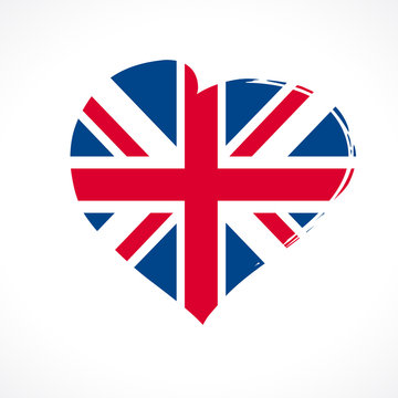 Love British Union Jack flag emblem colored. Celebration United Kingdom England banner with vector curving red heart and flag