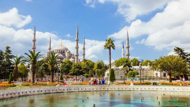 Timelapse of The Blue Mosque or Sultanahmet outdoors in Istanbul city in Turkey