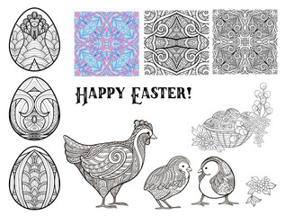 Set of design elements for Happy Easter Day with  eggs and cute 