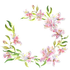 Fototapeta na wymiar Romantic watercolor alstroemeria flowers wreath