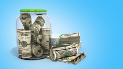 safe concept Many 100 US dollars bank notes in a glass jar 3d render on идгу background