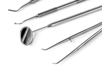 dental tools on white background top view