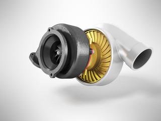 The turbine to the machine is black gray gold 3d render on gray background