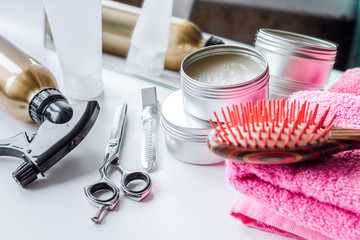 hairdresser working desk preparation for cutting hair