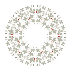 Floral vector botanical rounded illustration with different hand drawn leaves and plants. Creative frame with place for your text.