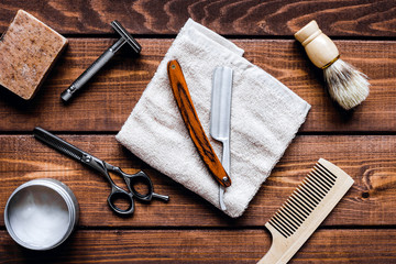 Fototapeta na wymiar Tools for cutting beard barbershop top view