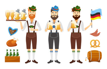 Smiling Bavarian man with red beard and moustache, dressed in traditional costume and hat with beer glasses and set of Oktoberfest icons. Traditional symbols of autumn holiday of beer isolated on