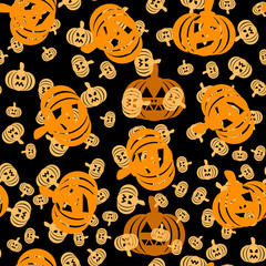 Seamless pattern with pumpkin lights on black background. Backdrop for site or print for Halloween party