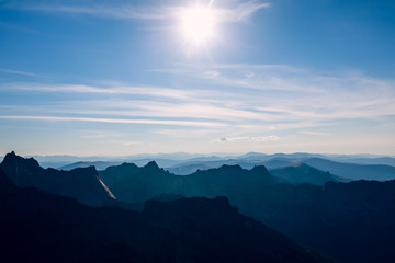 sunset in the mountains in blue tones