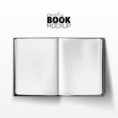 Realistic opened empty book mockup with blank white pages in hard cover. Vector illustration