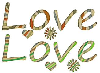 Love text, heart and flower with striped pattern isolated over white