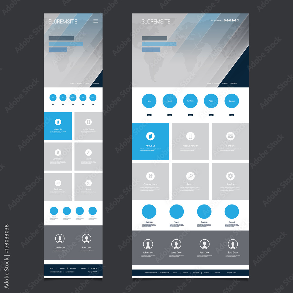 Poster responsive one page website template - header design with world map - desktop and mobile version