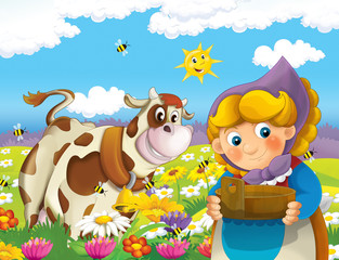 cartoon scene with happy woman working on the farm - standing and smiling near the cow / illustration for children