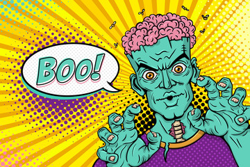 Cartoon hand drawn zombie with brains out rises his hands and Boo! speech bubble. Vector illustration in retro comic style. Colorful pop art background. Halloween party invitation poster.