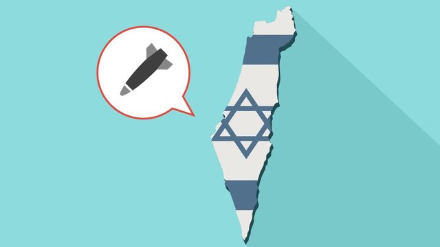 Animation of a long shadow Israel map with its flag and a comic balloon with a bomb