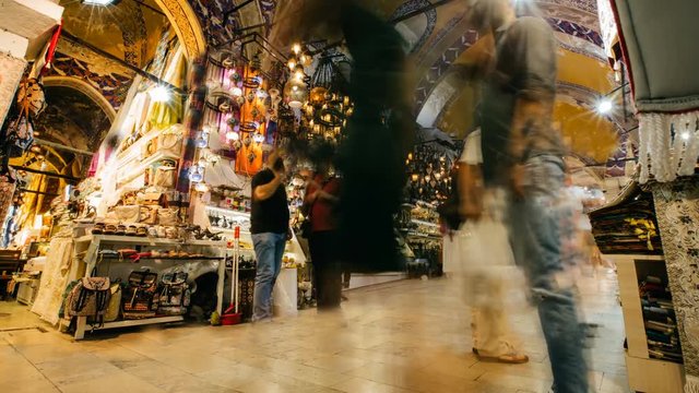 Timelapse of famous Istabul market Grand Bazar with people walking around