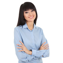 Young woman isolated on the white background. Crossed arms . Portrait of a smiling business woman.