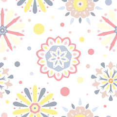 Ornamental pink, blue, yellow and white modern seamless tiling texture