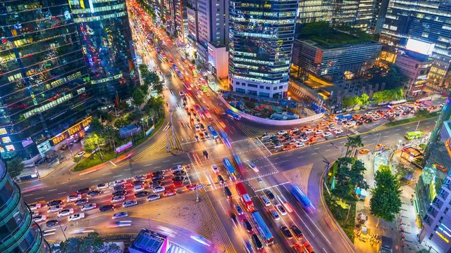 Timelapse Traffic at night in Gangnam City Seoul, South Korea.