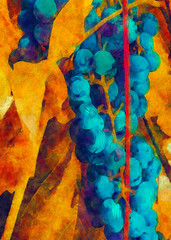 Autumn juicy blue grapes. Yellow grape leaves. Painted on canvas watercolor and oil artwork. Good for printed picture, design postcard, posters and wallpapers. Can be use as colorful artistic texture.