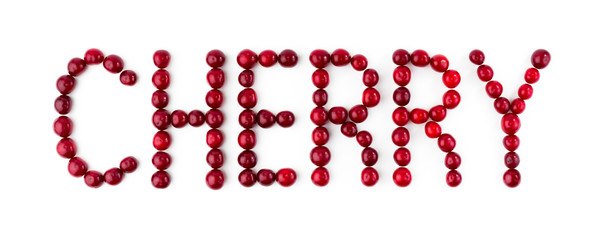 Cherry berries on white background. Fruit font, letters