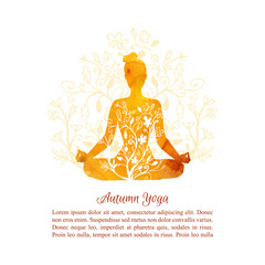 Card, poster and flyer template Autumn yoga classes. Vector illustration with silhouette of yoga woman with vibrant watercolor texture, floral ornament, tree leaves decoration and place for your text