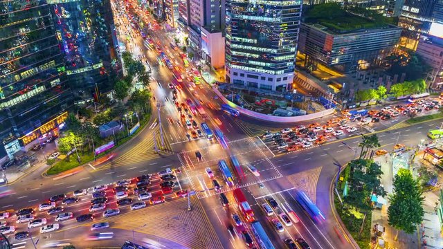 Timelapse Traffic at night in Gangnam City Seoul, South Korea.Zoom out