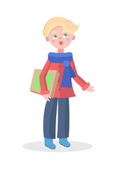 Cute Boy with Gift Flat Vector Icon