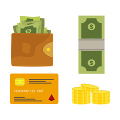 Vector illustration of wallet with money, coins and credit card.