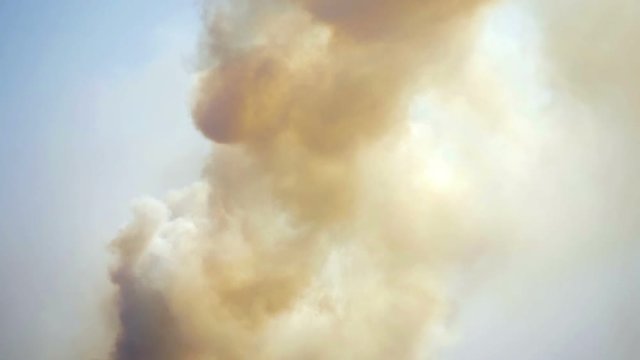 Forest fire with lots of smoke at Croatian coastline shot from island Pasman. Planes trying to extinguish fire wich is dangerously moving toward city. Shot in slow-motion hd.