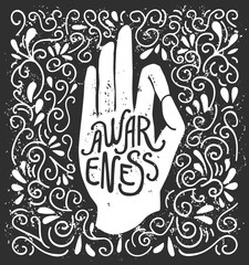 Awareness. Vector illustration with white hand silhouette in pose Jnana or Chin mudra and lettering on black background with swirls. Yoga and meditation print, poster, flyer and card design. - obrazy, fototapety, plakaty