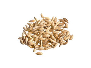 Obraz premium Almonds in shell isolated on white background. Lot of almonds in the skin, nuts pile. Prunus dulcis, hard shell with the seed. Top view