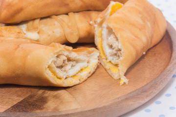 crepe roll with egg,Thai dessert on plate