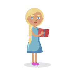 Blond Girl with Blue Eyes Holds Open Book Vector