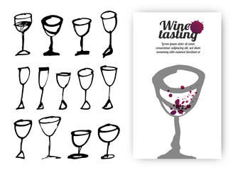 Set of hand drawn drink cups. Illustration of design template with wine glass. Vector Illustration