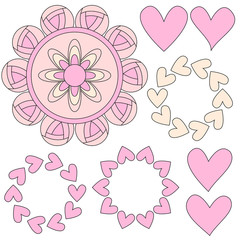 Beautiful pink and yellow heart ornament collection over white background