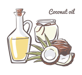 Set of vector illustrations Coconut oil. Hand drawn coco with leaves, glass bottle and jar. Doodle objects isolated on white background.