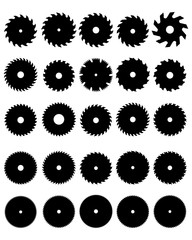 Black silhouettes of different circular saw blades, vector