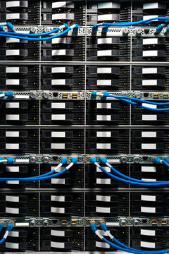 Complex array of wires at back of server cabinet