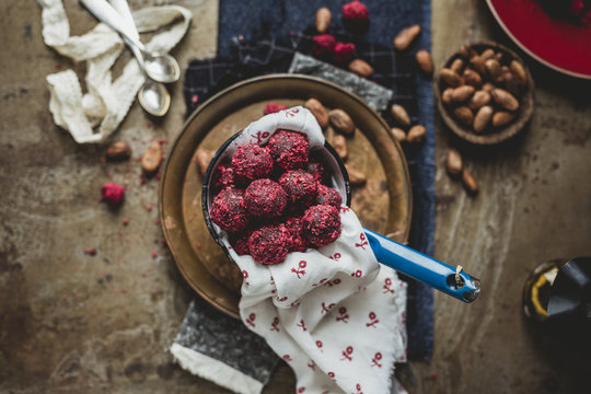 Homemade chocolate truffles with dried raspberries