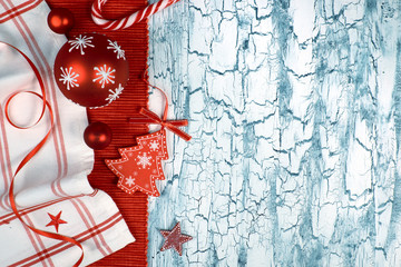 Red and white background with Christmas decorations, space