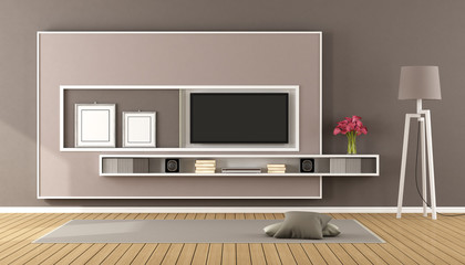Brown living room with tv