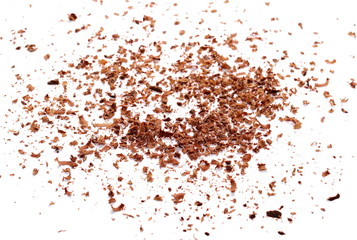 Pile chopped, milled chocolate shavings isolated on white