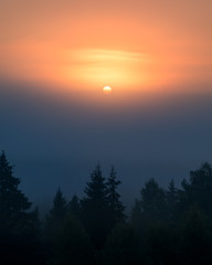 Sun is rising behind fog in Torronsuo national park, Finland