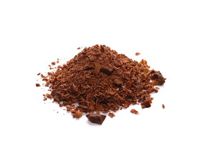 Pile chopped, milled chocolate shavings isolated on white