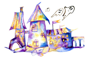 Halloween watercolor clipart, night castle, ghosts, kids illustration, watercolor illustration, fall holidays, spooky, creepy, scary