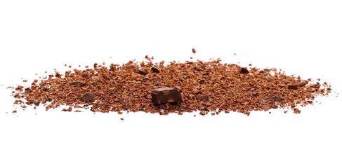 Pile chopped, milled chocolate shavings isolated on white