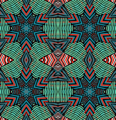 Seamless striped vector pattern. Vintage colored decorative repainting background with tribal and ethnic motifs. Abstract geometric roughly hatched shapes colored with hand drawn brush stokes.