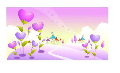 Illustrated fairy village and purple flowers